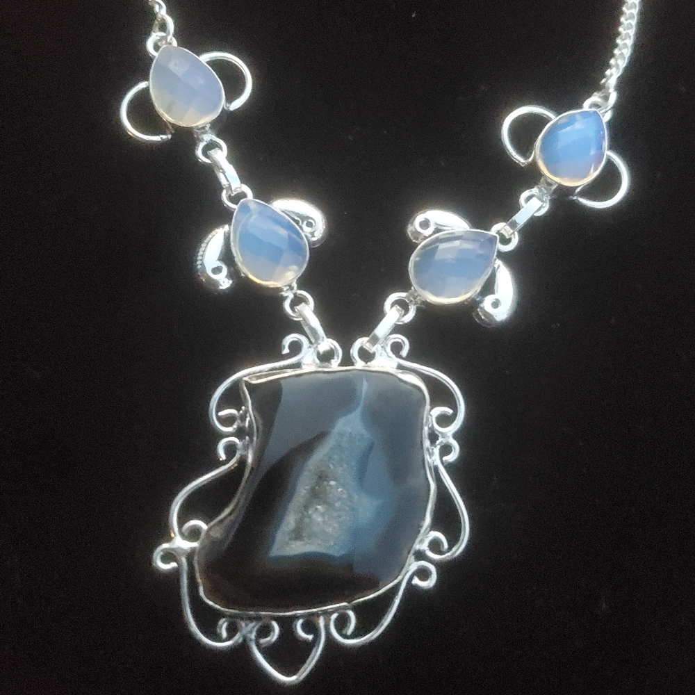 New Solar Agate & Opalite 925 Silver Necklace.
